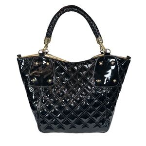 Black Quilted Patent Top Braided Handle Gold Hardware Gold Lining Shoulder Bag